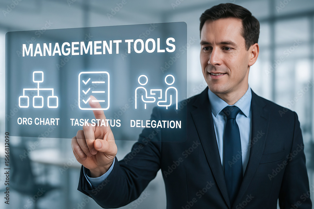 Poster management tools concept with businessman pressing virtual interface showing org chart, task status,