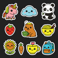 Kawaii cartoon vector sticker set with cute animals, food, and objects on dark background