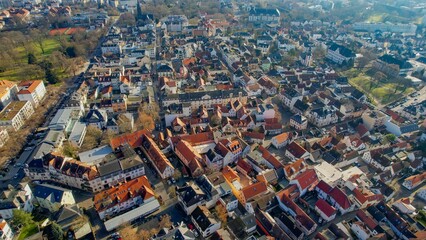 Aerial view of the downtown of the city Bad Nauheim, 61231 in Germany on a sunny noon in autumn