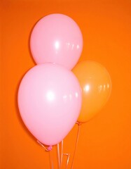 Three colorful balloons against an orange background, close-up shot