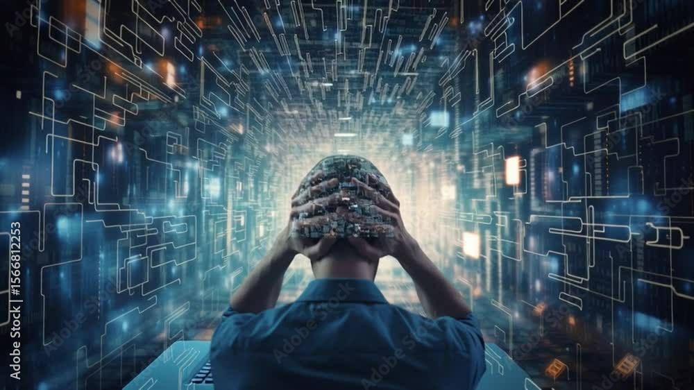 Poster mind-bending digital vista: a solitary figure grapples with the complexities of a vast digital lands