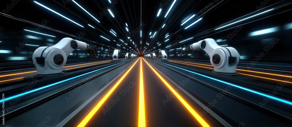 Poster futuristic robotic arms positioned along illuminated conveyor belts in high tech industrial setting 