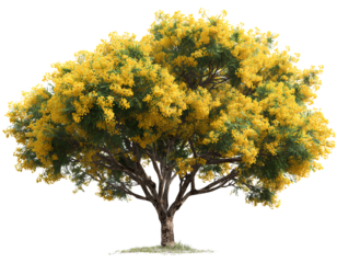 Beautiful mimosa tree with yellow flowers on a transparent background PNG