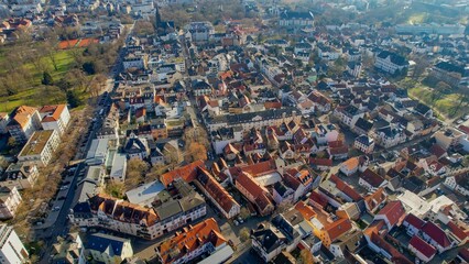 Aerial view of the downtown of the city Bad Nauheim, 61231 in Germany on a sunny noon in autumn