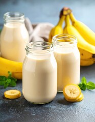 Three glass bottles with banana beverage and banana slices