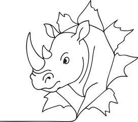 Strong rhino cartoon tearing paper in dynamic pose line sketch on white