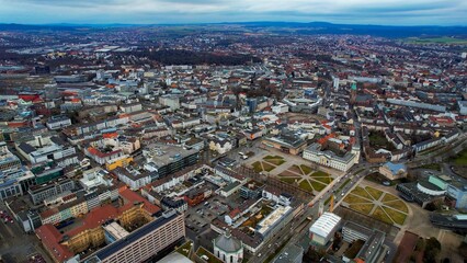Aerial view of the downtown of the city Kassel in Germany on a cloudy afternoon in autumn
