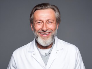 Obraz premium Portrait of a handsome, smiling mature doctor or scientist with a gray beard, wearing a white lab coat on a gray background.