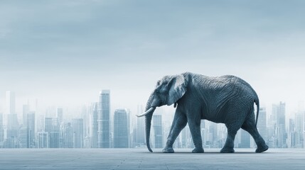 Obraz premium Majestic Elephant Walking Across Urban Landscape with Skyscrapers in Background