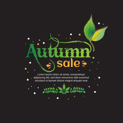 Autumn sale round banner. fall ad circle shape with liquid form at the center and text offer a sign—red, orange abstract leaves in simple flat paper cut style.
