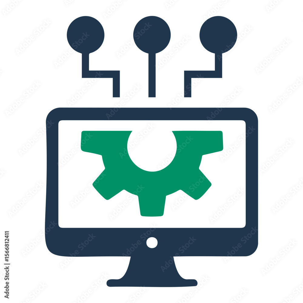 Poster a computer screen displaying a green gear icon with three connected circles above it online