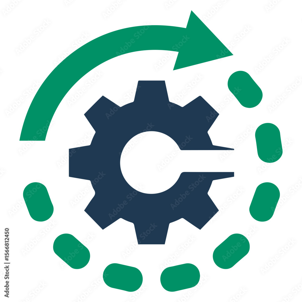 Poster a gear with an arrow rotating around it, surrounded by a dotted line in a circular motion