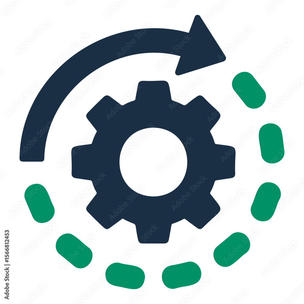 Poster a graphic depicting a gear with an arrow rotating around it and green dashes in a circle shape