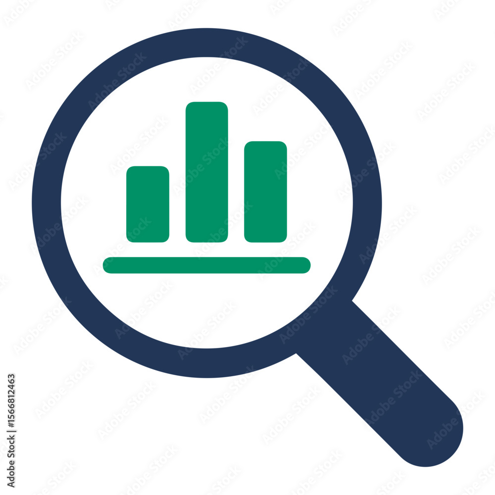 Poster a magnifying glass showing a bar graph analysis with green bars on a white background space