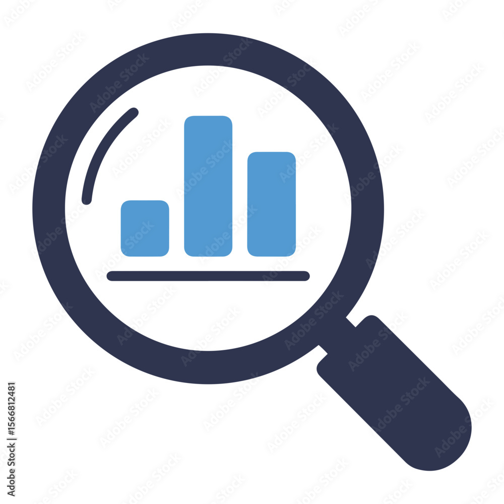 Poster a magnifying glass with a blue bar graph inside, indicating data analysis and investigation process