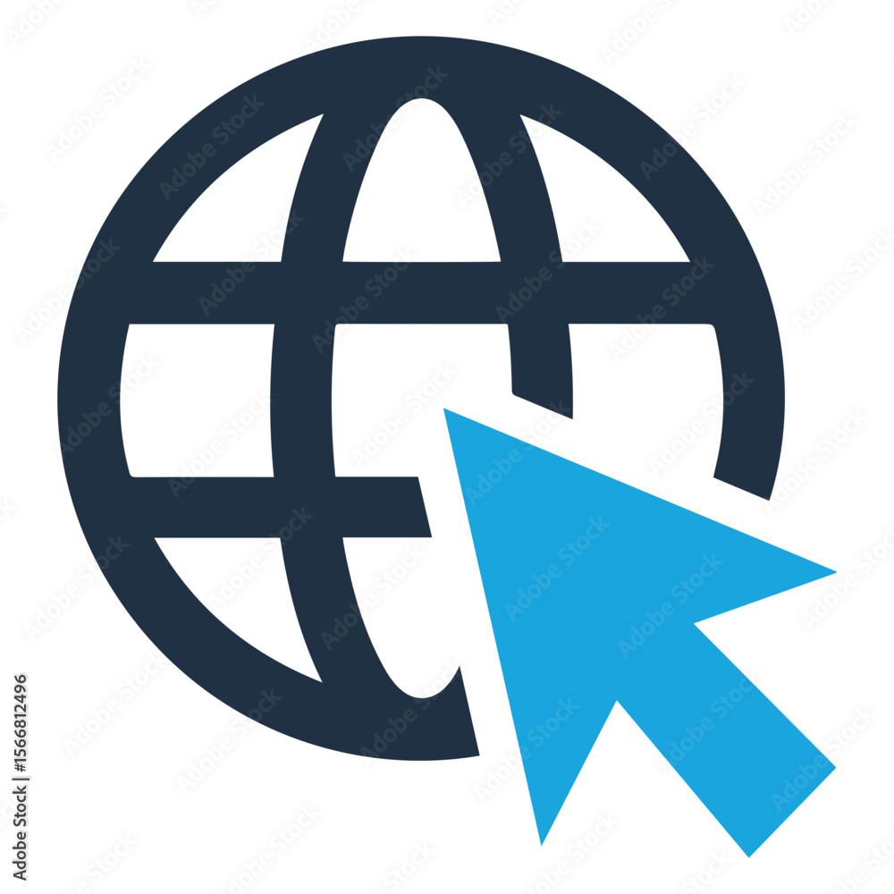 Poster a stylized globe icon with grid lines and a blue arrow cursor pointing towards the globe design