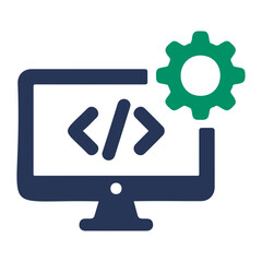 A computer monitor displays html code with a green gear illustrating development settings and tools