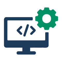 A computer monitor displays code symbols next to a green gear, representing development process