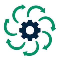 A dark blue gear surrounded by seven green curved arrows pointing towards the center gear