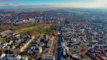 Aerial view of the downtown of the city Bad Nauheim, 61231 in Germany on a sunny noon in autumn
