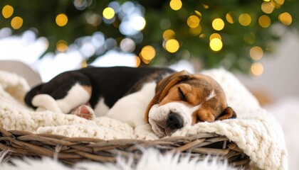 Tri-color puppy sleeps peacefully in a cozy basket with soft textures