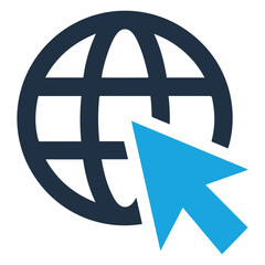 A stylized globe icon with grid lines and a blue arrow cursor pointing towards the globe design