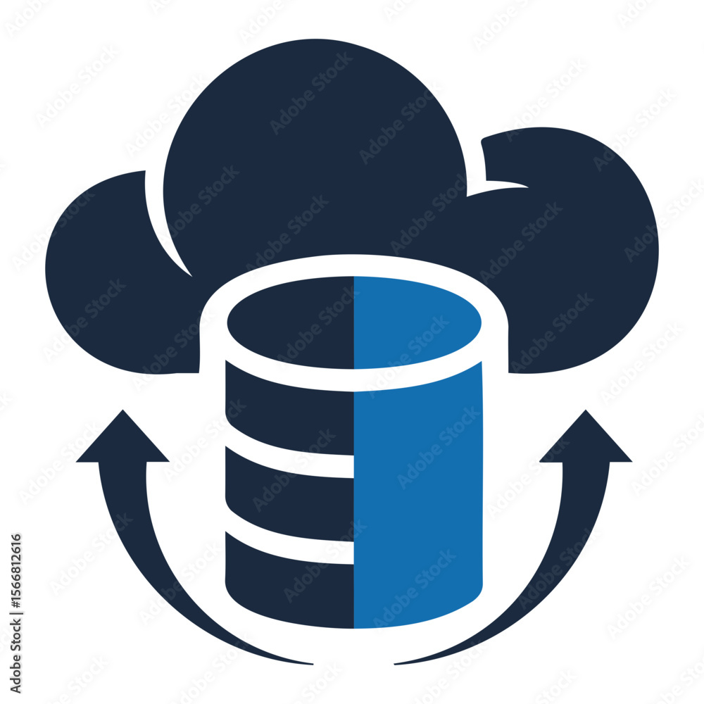 Poster illustration of a cloud database with arrows indicating data transfer and synchronization process