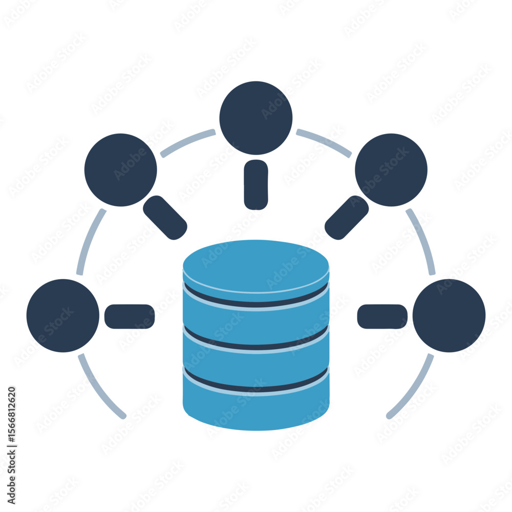 Aufkleber illustration of a central blue database surrounded by connected dark nodes in a network setup