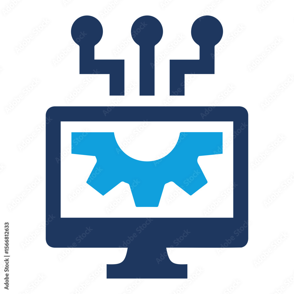 Poster illustration of a computer screen displaying a gear icon with connected network nodes above it