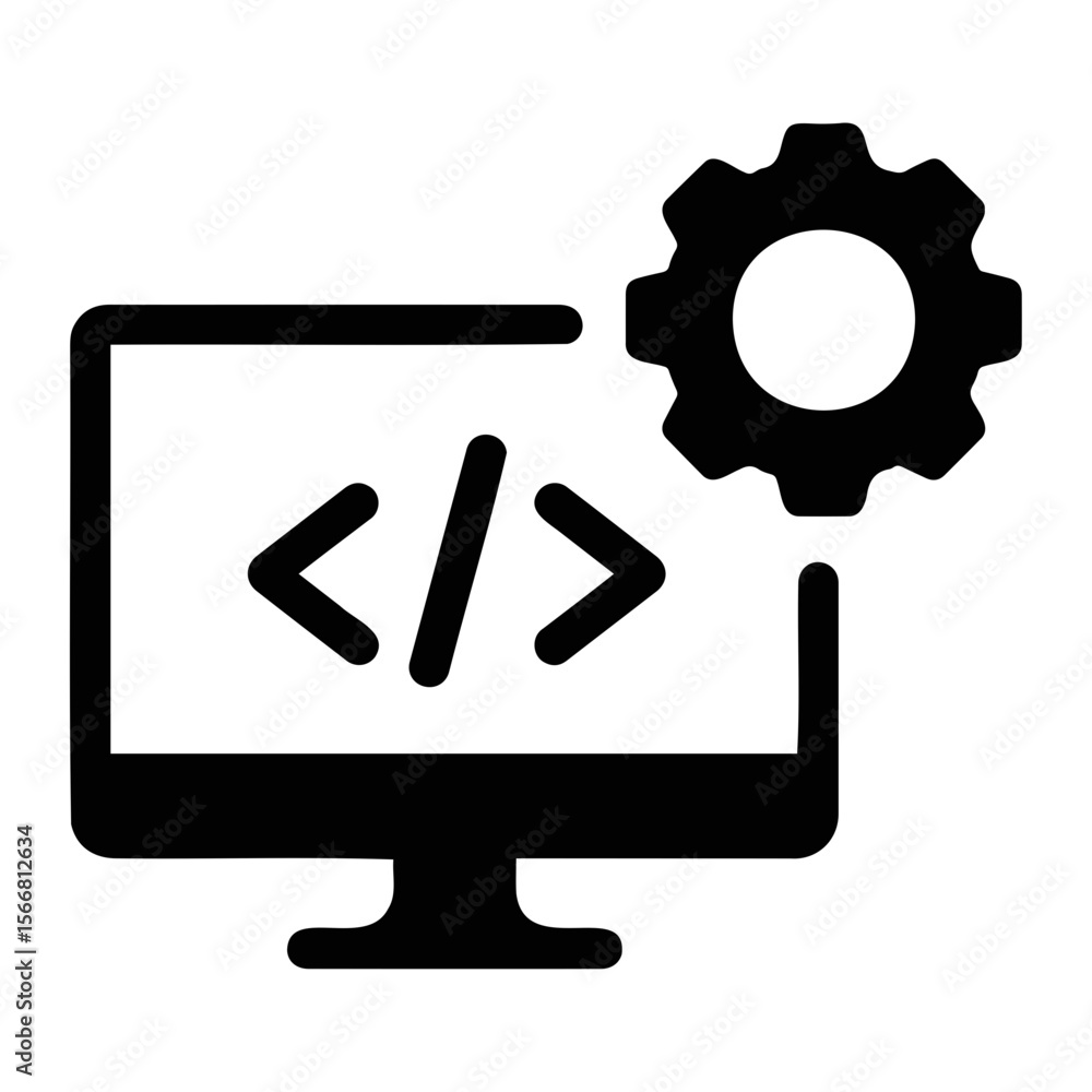 Poster illustration of a computer screen displaying coding symbols next to a gear icon in black color