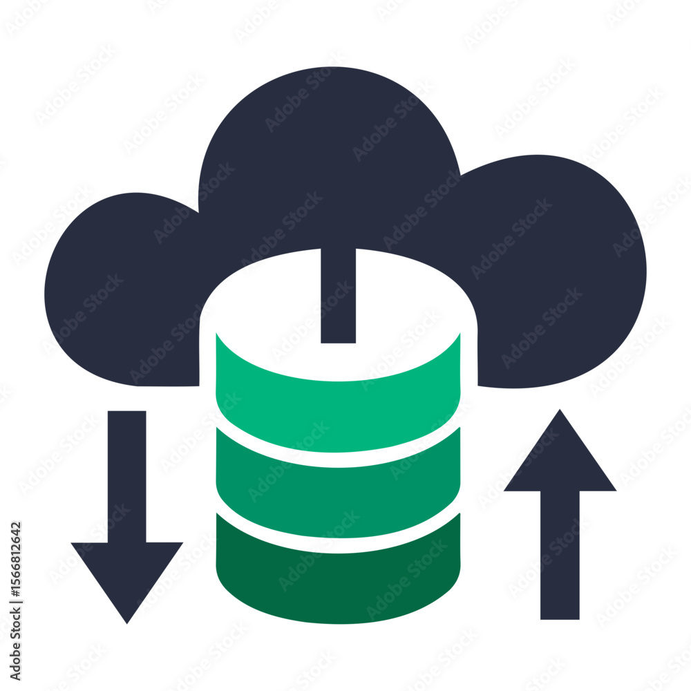 Poster illustration of a cloud with a database and arrows pointing up and down indicating data flow