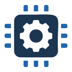 Illustration of a blue square chip with rounded corners and a white gear inside it design