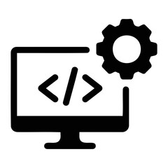 Illustration of a computer screen displaying coding symbols next to a gear icon in black color