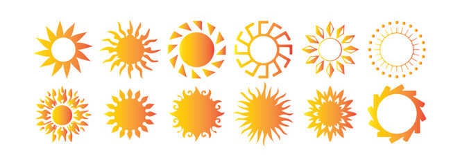 Colorful Sun and Sunset Icons Set. Summer, Sunrise, and Weather Symbol Collection. 