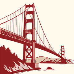 Print Retro Vector Illustration of the Golden Gate Bridge in San Francisco California