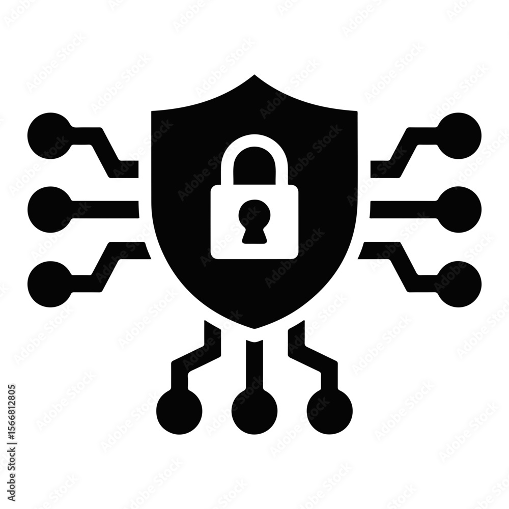 Poster illustration of a shield containing a padlock with circuit connections on both sides and bottom