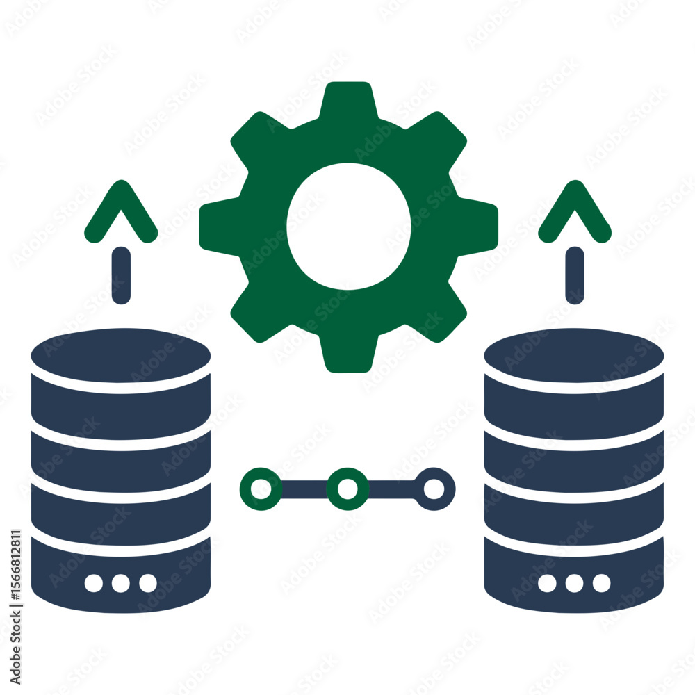 Poster illustration of data processing with databases, arrows, gear, and connection points shown