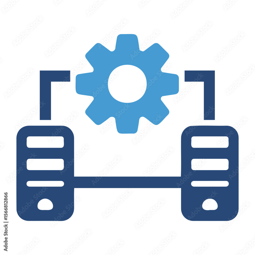 Poster illustration of two computer servers connected with a gear in the middle symbolizing process