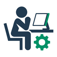 Illustration of person sitting at desk with computer and gear, thinking or planning
