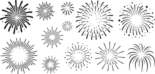 Black and White Vector Silhouettes of Fireworks Explosions Various Sizes and Shapes Celebration Design Elements Graphic Art
