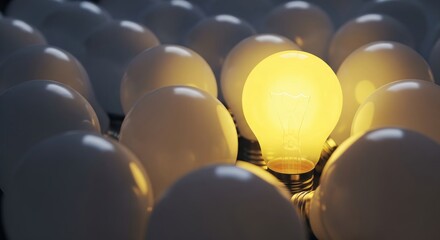 Unique Light Bulb Amongst Many White Bulbs as Symbol of Ideas