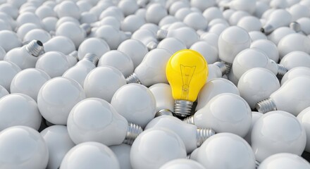 Unique Yellow Light Bulb Among White Bulbs in Creative Concept