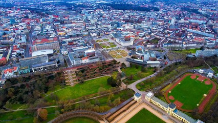 Aerial view of the downtown of the city Kassel in Germany on a cloudy afternoon in autumn