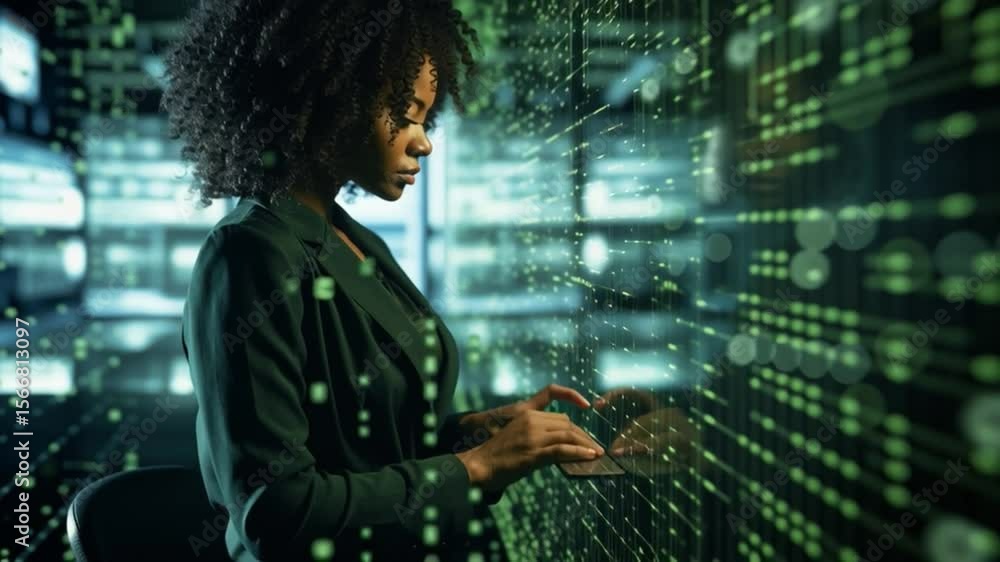 Poster digital analyst: a focused female digital analyst at work in a high-tech data center, surrounded by 
