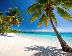Tropical paradise white sand beach, turquoise water, palm trees under blue skies