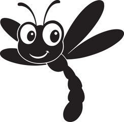 Happy dragonfly cartoon silhouette character vector on clean white surface