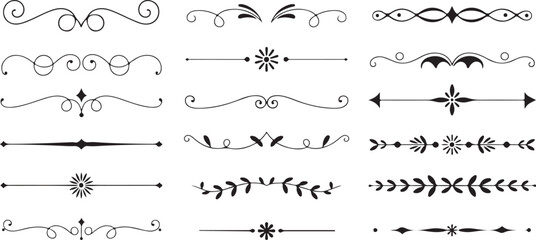 Black Vector Silhouettes of Decorative Flourishes and Dividers Set of Fifteen Unique Ornamental Line Elements Swirls Scrolls Flowers Arrows Geometric