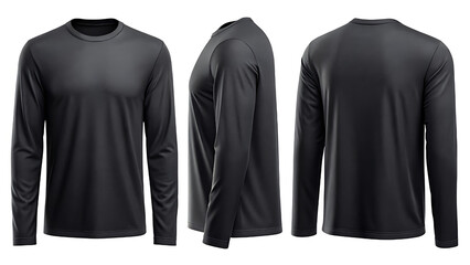 A long sleeve charcoal gray tshirt is shown from three different angles apparel mockup, garment visualisation, t shirt template, clothing presentation, fashion mockup
