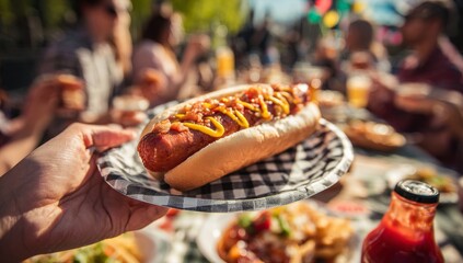 Summer Picnic Delight A Close-Up of a Delicious Hot Dog with Friends