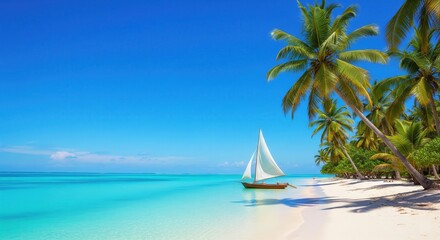 Serene Tropical Beach with Sailboat and Palm Trees Under Clear Sky